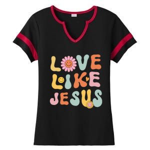 Groovy Love Like Jesus Religious God Women Christian Ladies Halftime Notch Neck Tee