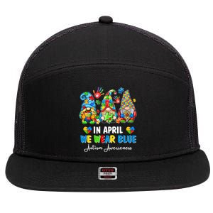 in april we wear bue Gnomes Leopard Love Accept Autism Awareness Autism Support 7 Panel Mesh Trucker Snapback Hat