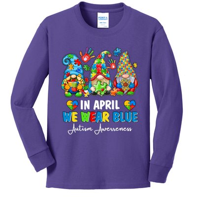 in april we wear bue Gnomes Leopard Love Accept Autism Awareness Autism Support Kids Long Sleeve Shirt