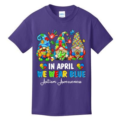 in april we wear bue Gnomes Leopard Love Accept Autism Awareness Autism Support Kids T-Shirt