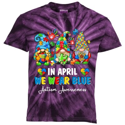 in april we wear bue Gnomes Leopard Love Accept Autism Awareness Autism Support Kids Tie-Dye T-Shirt