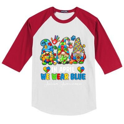 in april we wear bue Gnomes Leopard Love Accept Autism Awareness Autism Support Kids Colorblock Raglan Jersey