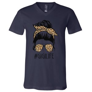 Gigi Life Leopard Messy Bun Funny Gigi Mother's Day Gift V-Neck T-Shirt