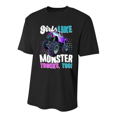 Girls Like Monster Trucks Too! Youth Performance Sprint T-Shirt