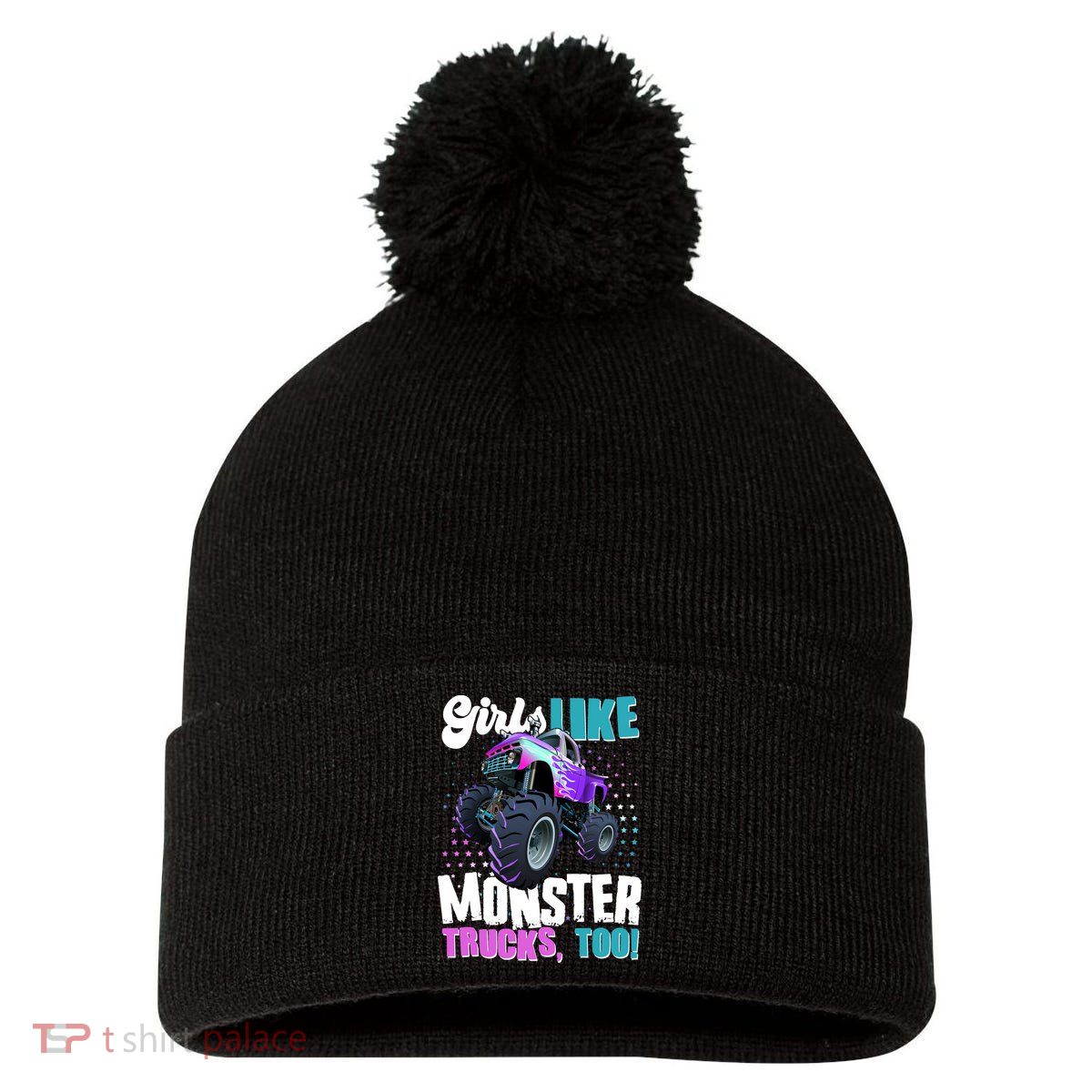 Girls Like Monster Trucks Too! Pom Pom 12in Knit Beanie