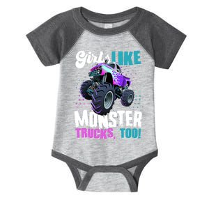 Girls Like Monster Trucks Too! Infant Baby Jersey Bodysuit