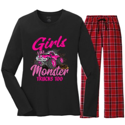 Girls Like Monster Trucks Too Young Monster Truck Women's Long Sleeve Flannel Pajama Set 