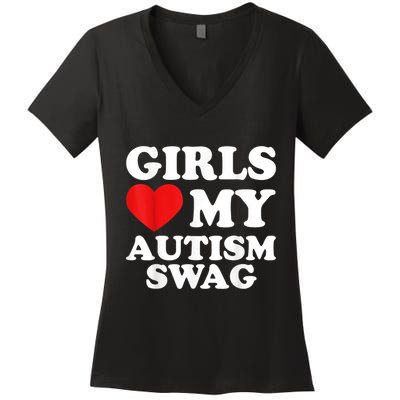 Girl Love My Autism Swag Funny Girl Heart Autism Awareness Women's V-Neck T-Shirt