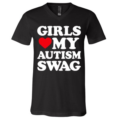 Girls Love My Autism Swag Funny Girls Heart Autism Awareness V-Neck T-Shirt