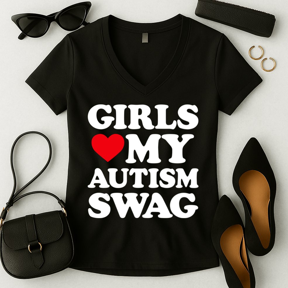 Girls Love My Autism Swag Funny Girls Heart Autism Awareness Women's V-Neck T-Shirt
