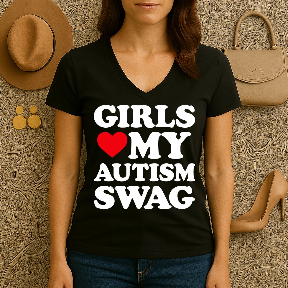 Girls Love My Autism Swag Funny Girls Heart Autism Awareness Women's V-Neck T-Shirt
