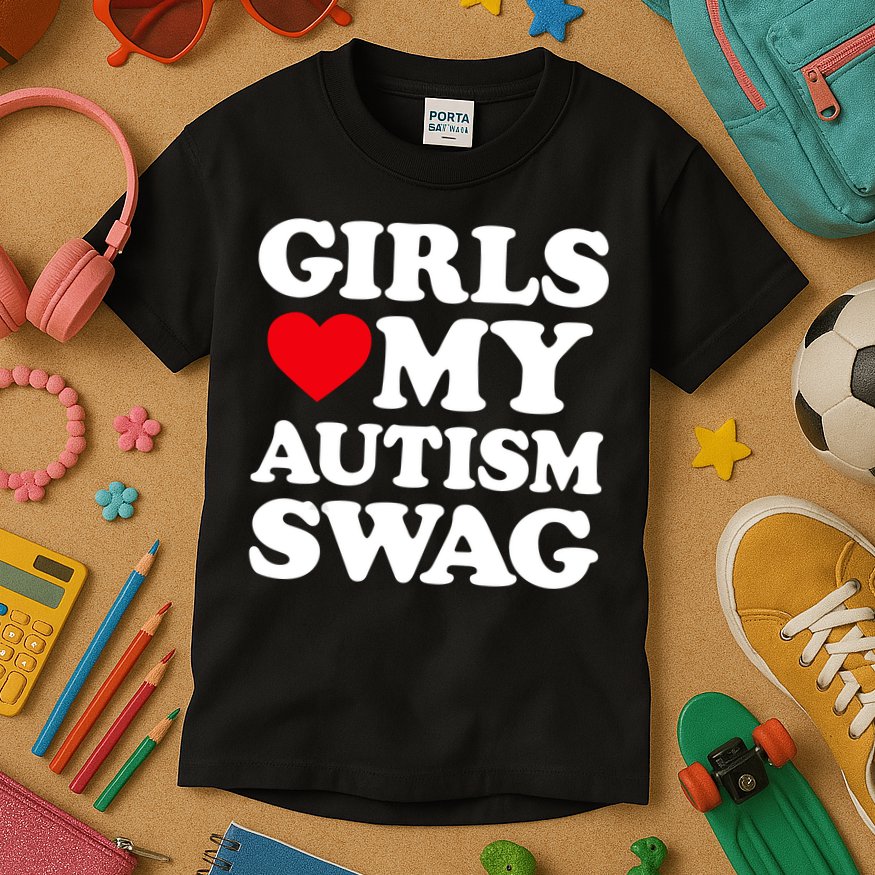 Girls Love My Autism Swag Funny Girls Heart Autism Awareness Kids T-Shirt