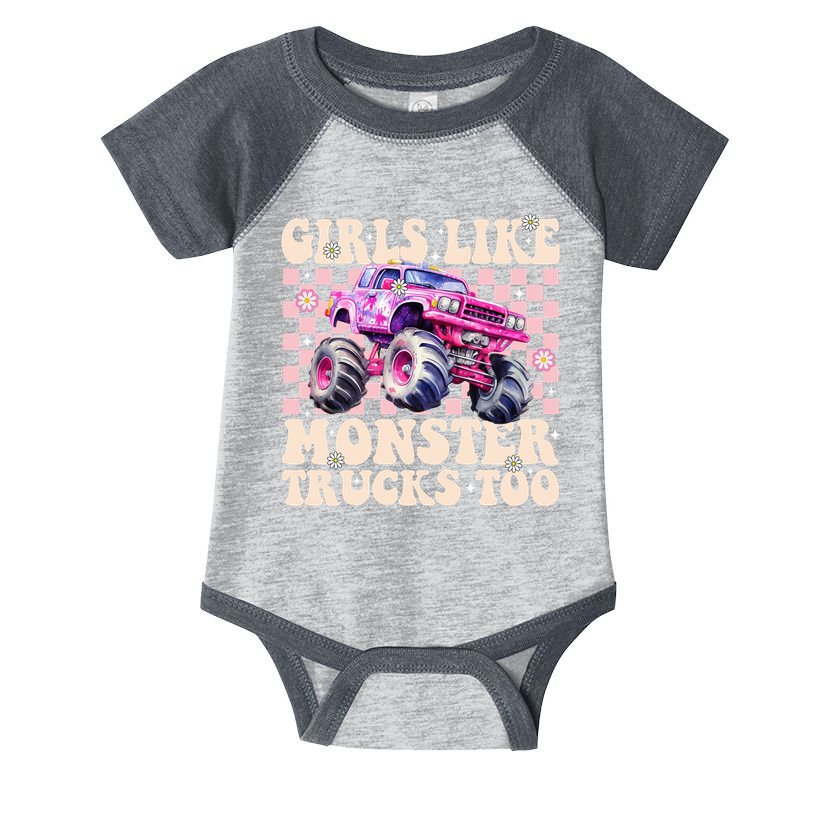 Girls Like Monster Trucks Too Infant Baby Jersey Bodysuit