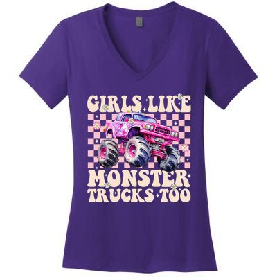 Girls Like Monster Trucks Too Women's V-Neck T-Shirt