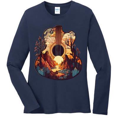 Guitar Landscape Music Lover Acoustic Guitar Player Graphic Ladies Long Sleeve Shirt