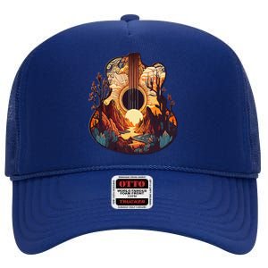 Guitar Landscape Music Lover Acoustic Guitar Player Graphic High Crown Mesh Back Trucker Hat