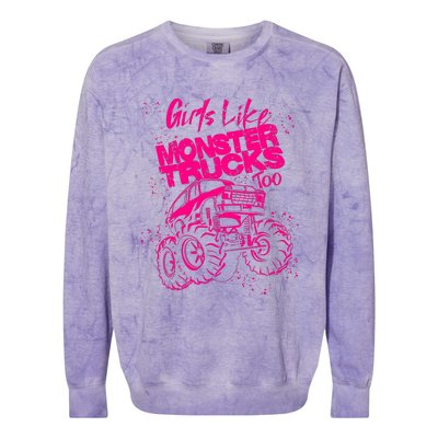 Girl Like Monster Trucks Too | Cool Racers Funny Cars Gift Colorblast Crewneck Sweatshirt