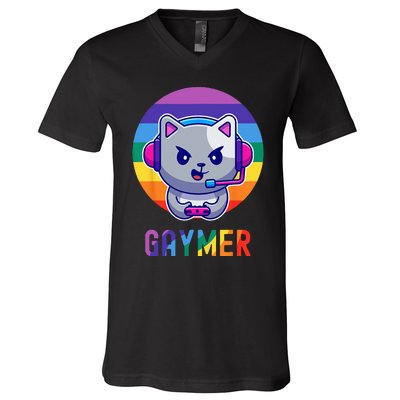 Gaymer LGBT Rainbow Gay Video Game Lovers Gift Cat Pride V-Neck T-Shirt