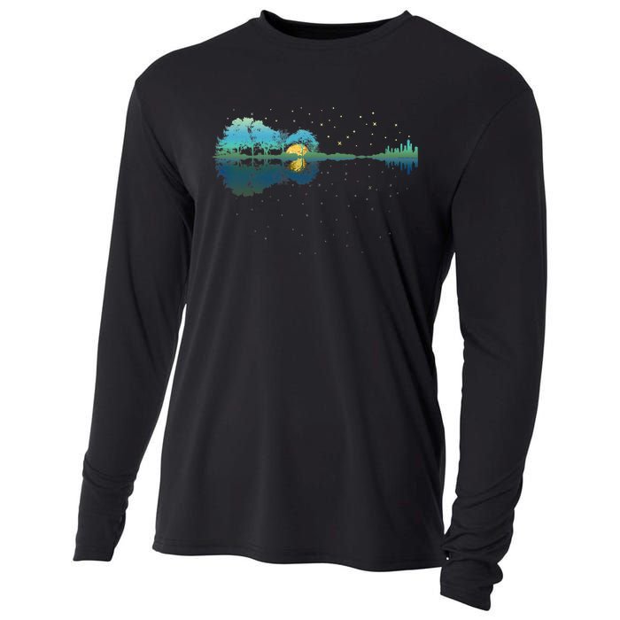 Guitar Lake Reflections Night Sky And Moon Guitar Music Cooling Performance Long Sleeve Crew