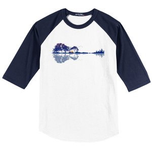 Guitar Lake Reflections In Blue Music Lovers Guitar Baseball Sleeve Shirt