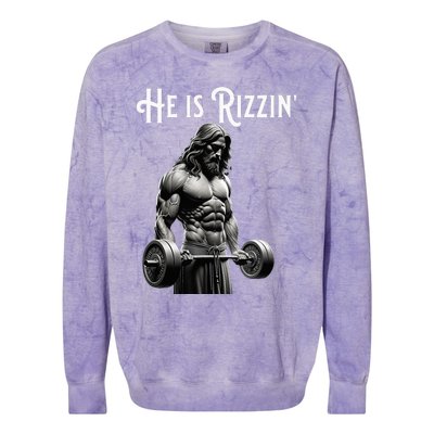 Gym Lifting Ripped Muscles He Is Rizzin Jesus Weightlifting Colorblast Crewneck Sweatshirt