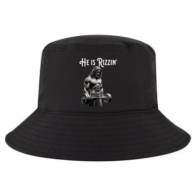 Gym Lifting Ripped Muscles He Is Rizzin Jesus Weightlifting Cool Comfort Performance Bucket Hat