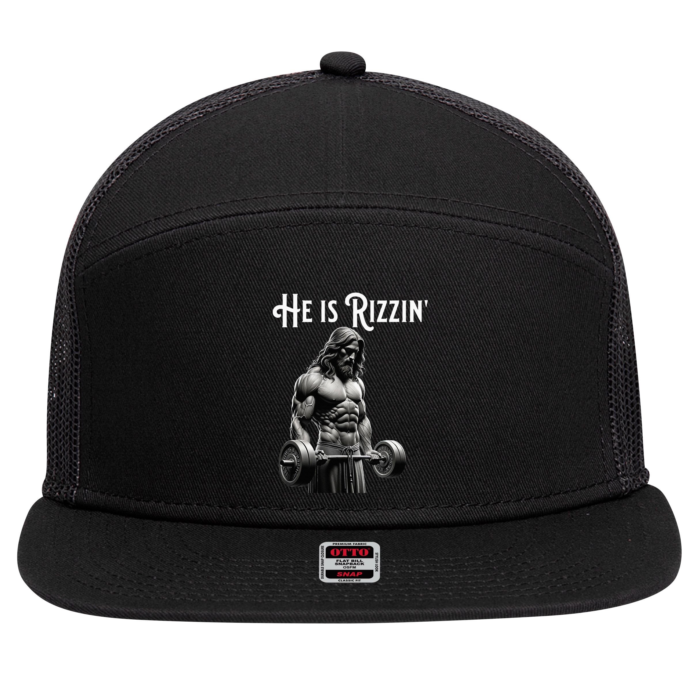 Gym Lifting Ripped Muscles He Is Rizzin Jesus Weightlifting 7 Panel Mesh Trucker Snapback Hat