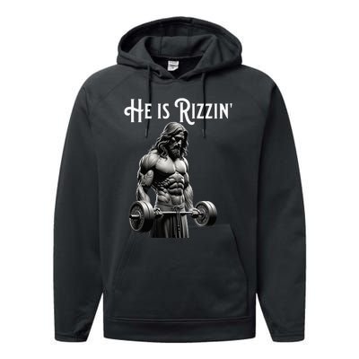 Gym Lifting Ripped Muscles He Is Rizzin Jesus Weightlifting Performance Fleece Hoodie