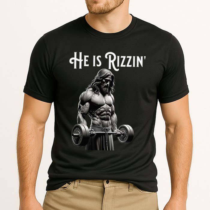 Gym Lifting Ripped Muscles He Is Rizzin Jesus Weightlifting Cooling Performance Crew T-Shirt