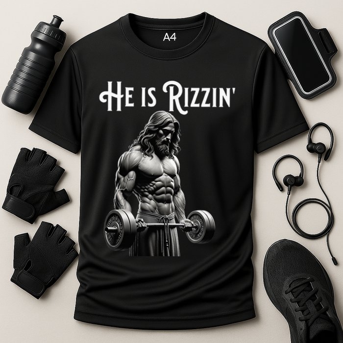 Gym Lifting Ripped Muscles He Is Rizzin Jesus Weightlifting Cooling Performance Crew T-Shirt