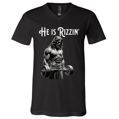 Gym Lifting Ripped Muscles He Is Rizzin Jesus Weightlifting V-Neck T-Shirt