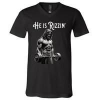 Gym Lifting Ripped Muscles He Is Rizzin Jesus Weightlifting V-Neck T-Shirt