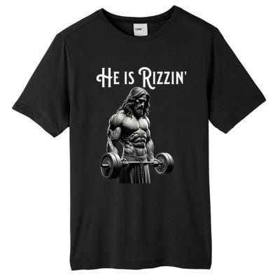 Gym Lifting Ripped Muscles He Is Rizzin Jesus Weightlifting Tall Fusion ChromaSoft Performance T-Shirt