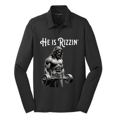 Gym Lifting Ripped Muscles He Is Rizzin Jesus Weightlifting Silk Touch Performance Long Sleeve Polo