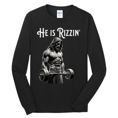 Gym Lifting Ripped Muscles He Is Rizzin Jesus Weightlifting Tall Long Sleeve T-Shirt