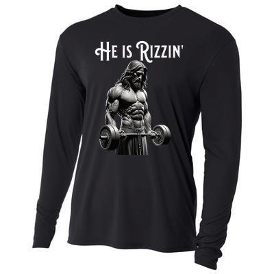 Gym Lifting Ripped Muscles He Is Rizzin Jesus Weightlifting Cooling Performance Long Sleeve Crew