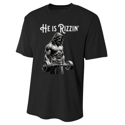 Gym Lifting Ripped Muscles He Is Rizzin Jesus Weightlifting Performance Sprint T-Shirt