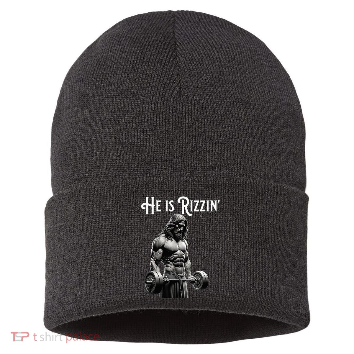 Gym Lifting Ripped Muscles He Is Rizzin Jesus Weightlifting Sustainable Knit Beanie