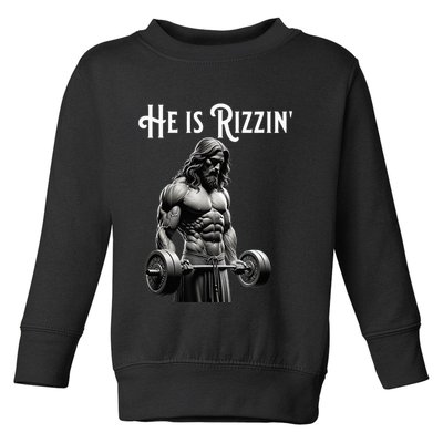 Gym Lifting Ripped Muscles He Is Rizzin Jesus Weightlifting Toddler Sweatshirt