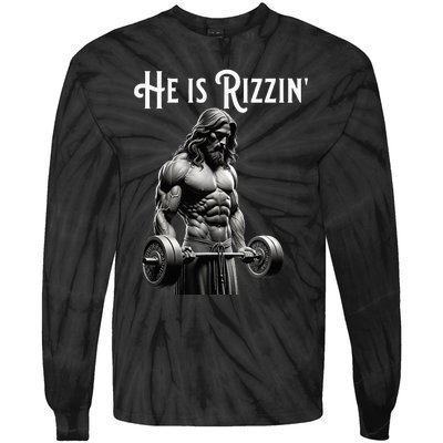 Gym Lifting Ripped Muscles He Is Rizzin Jesus Weightlifting Tie-Dye Long Sleeve Shirt