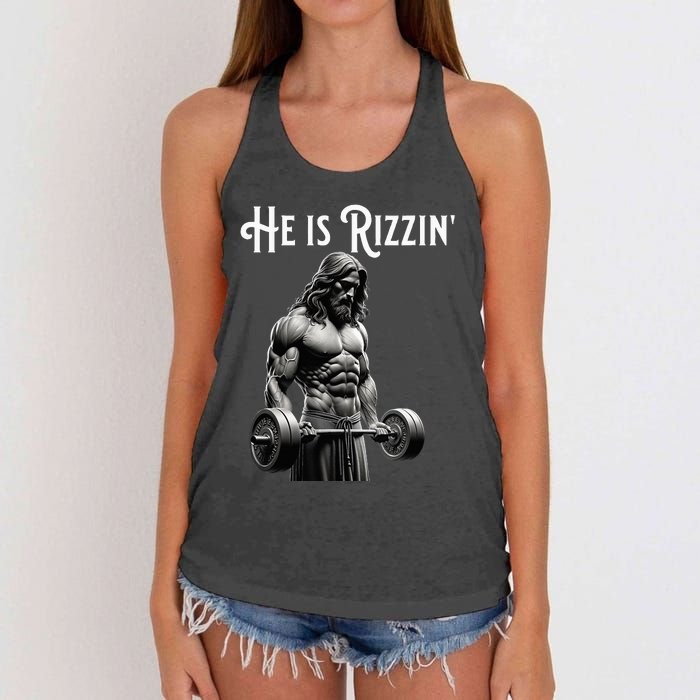 Gym Lifting Ripped Muscles He Is Rizzin Jesus Weightlifting Women's Knotted Racerback Tank