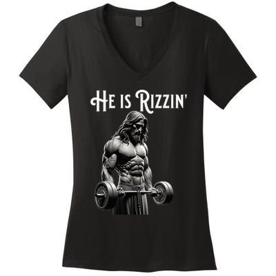 Gym Lifting Ripped Muscles He Is Rizzin Jesus Weightlifting Women's V-Neck T-Shirt