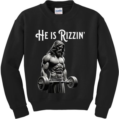 Gym Lifting Ripped Muscles He Is Rizzin Jesus Weightlifting Kids Sweatshirt
