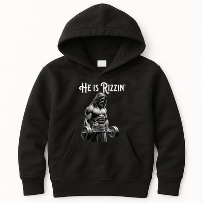 Gym Lifting Ripped Muscles He Is Rizzin Jesus Weightlifting Kids Hoodie