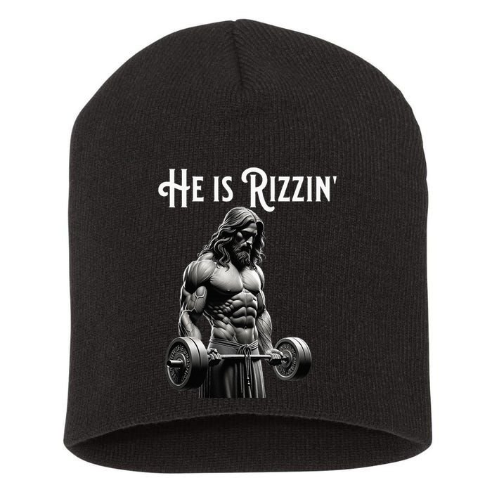 Gym Lifting Ripped Muscles He Is Rizzin Jesus Weightlifting Short Acrylic Beanie