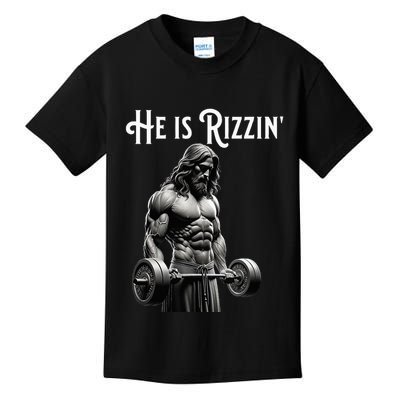 Gym Lifting Ripped Muscles He Is Rizzin Jesus Weightlifting Kids T-Shirt