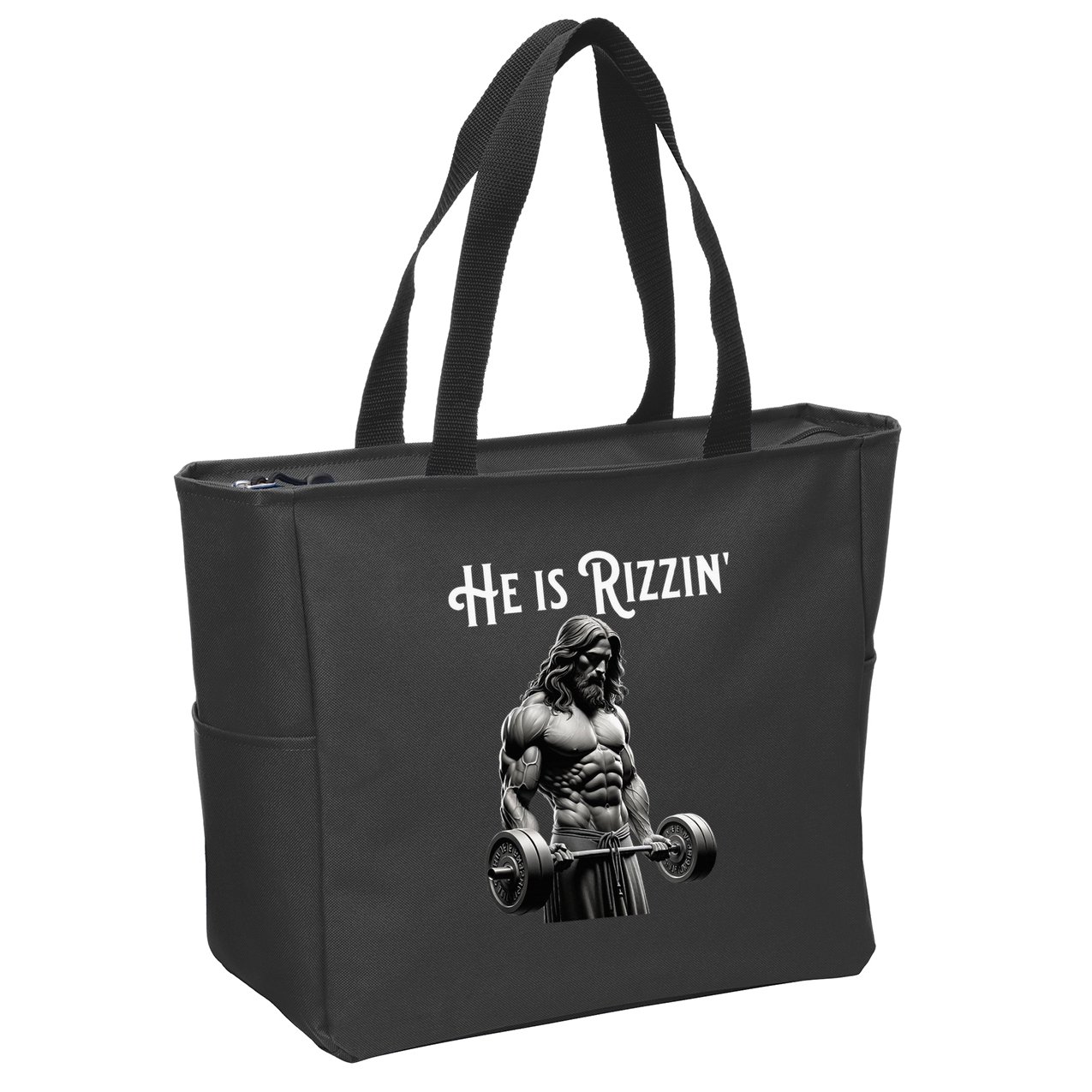 Gym Lifting Ripped Muscles He Is Rizzin Jesus Weightlifting Zip Tote Bag