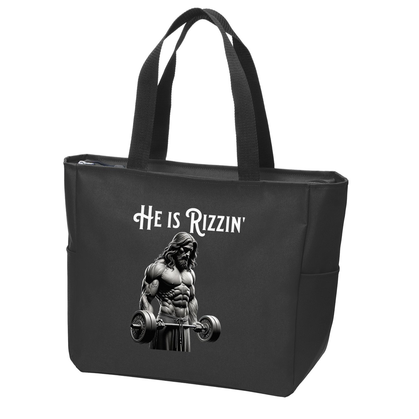 Gym Lifting Ripped Muscles He Is Rizzin Jesus Weightlifting Zip Tote Bag