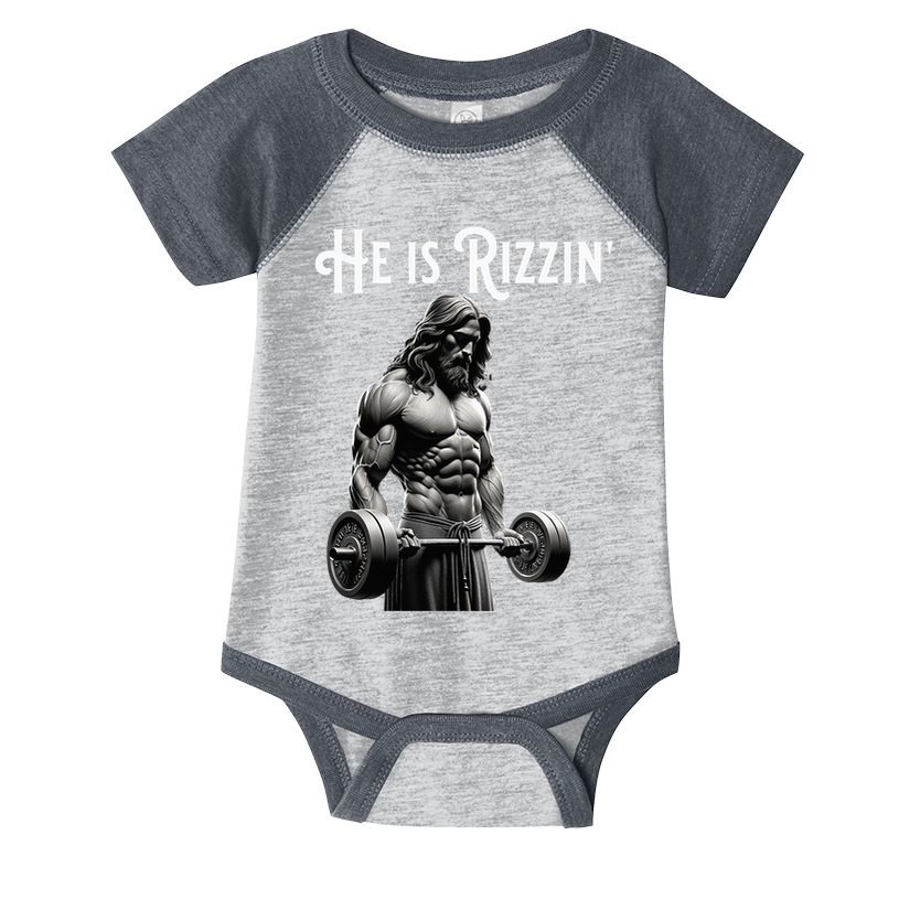 Gym Lifting Ripped Muscles He Is Rizzin Jesus Weightlifting Infant Baby Jersey Bodysuit
