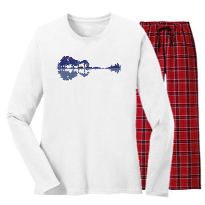 Guitar Lake Reflections In Blue Music Lovers Women's Long Sleeve Flannel Pajama Set 